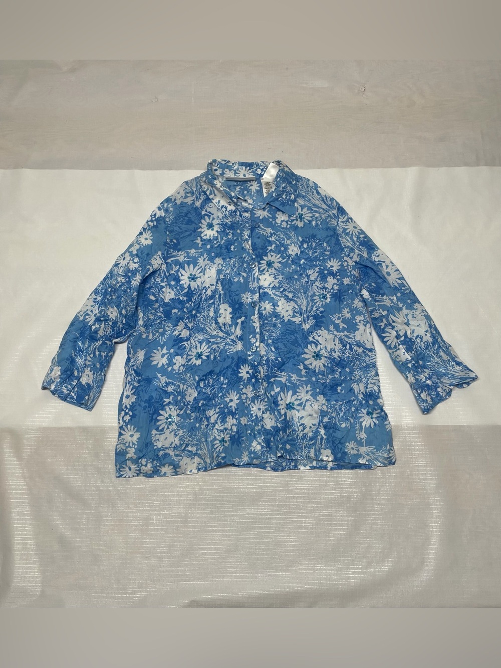 Women's Blue Floral Button-Front Shirt - Lightweight Collared Top Sz:XL